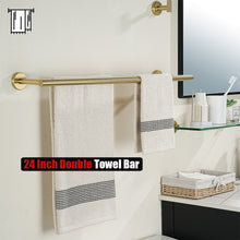 Load image into Gallery viewer, JQK Double Towel Bar, 24 Inch Brass Gold Bath Towel Rack for Bathroom, 304 Stainless Steel Thicken 0.8mm Towel Holder Wall Mount Brushed Gold, Total Length 27.16 Inch, TB100L24-BG