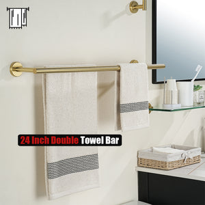 JQK Double Towel Bar, 24 Inch Brass Gold Bath Towel Rack for Bathroom, 304 Stainless Steel Thicken 0.8mm Towel Holder Wall Mount Brushed Gold, Total Length 27.16 Inch, TB100L24-BG