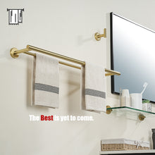 Load image into Gallery viewer, JQK Double Towel Bar, 24 Inch Brass Gold Bath Towel Rack for Bathroom, 304 Stainless Steel Thicken 0.8mm Towel Holder Wall Mount Brushed Gold, Total Length 27.16 Inch, TB100L24-BG